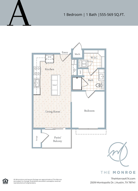 Floor plan for 1 bed, 1 bath, 569 sqft